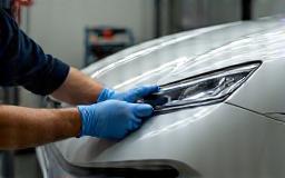 Specialist installing clear paint protection film on vehicle bumper